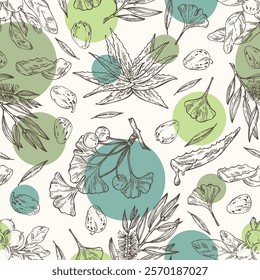 Seamless pattern with cosmetic and medical plants: aloe vera, ginkgo biloba, tea tree, shea nut. Vector hand drawn illustration