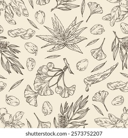 Seamless pattern with cosmetic and medical plants: aloe vera, ginkgo biloba, tea tree, shea nut. Vector hand drawn illustration