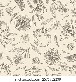 Seamless pattern with cosmetic and medical plants: neroli flowers, jasmine, eucalyptus, grapefruit. Vector hand drawn illustration