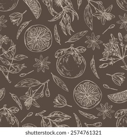 Seamless pattern with cosmetic and medical plants: neroli flowers, jasmine, eucalyptus, grapefruit. Vector hand drawn illustration