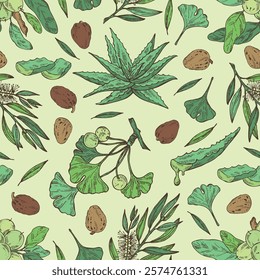 Seamless pattern with cosmetic and medical plants: aloe vera, ginkgo biloba, tea tree, shea nut. Vector hand drawn illustration