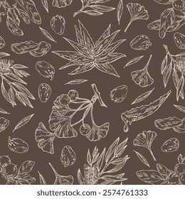 Seamless pattern with cosmetic and medical plants: aloe vera, ginkgo biloba, tea tree, shea nut. Vector hand drawn illustration