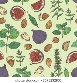 Seamless pattern with cosmetic and medical plants: almond, melissa, fig fruit, hyssopus officinalis. Vector hand drawn illustration.