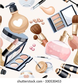 Seamless pattern from cosmetic objects cream,eye shadow, brushes, foundation cream, mascara...