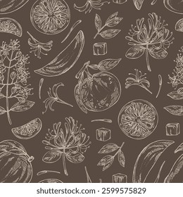 Seamless pattern with cosmetic, parfumery and medical plants: lawsonia inermis, yuzu, mango fruit, chinese honeysuckle. Vector hand drawn illustration.