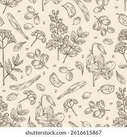 Seamless pattern with cosmetic, parfumery and medical plants: tansy flowers, senna alexandrina, barberry, dendrobium nobile. Vector hand drawn illustration.