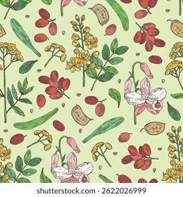 Naadloos patroon met cosmetische, parfumerie en medische planten: tansy bloemen, senna alexandrina, barberry, dendrobium nobile. Vector hand getekende illustratie.