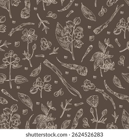 Seamless pattern with cosmetic, parfumery and medical plants: meadowfoam, rubia cordifolia, manjishta, сelastrus paniculatus, codonopsis lanceolata. Vector hand drawn illustration.