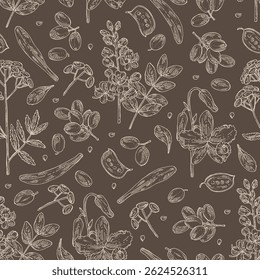 Seamless pattern with cosmetic, parfumery and medical plants: tansy flowers, senna alexandrina, barberry, dendrobium nobile. Vector hand drawn illustration.