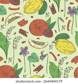 Padrão contínuo com plantas cosméticas, parfumaria e médicas: cítron, lírio do vale, viola odorata, mogno. Ilustração desenhada à mão vetorial.