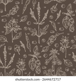 Padrão sem costura com plantas cosméticas, parfumaria e médicas: borago officinalis, verbena, schisandra chinise, rehmannia glutinosa. Ilustração desenhada à mão vetorial.
