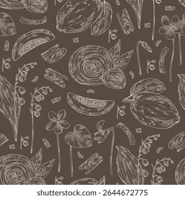 Padrão contínuo com plantas cosméticas, parfumaria e médicas: cítron, lírio do vale, viola odorata, mogno. Ilustração desenhada à mão vetorial.