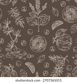 Patrón sin fisuras con plantas cosméticas y de perfumería: pachulí, enebro, mirra, bigaradia. Vector dibujado a mano ilustración.