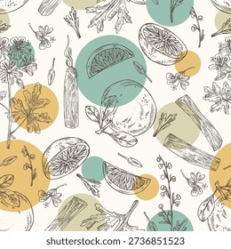 Seamless pattern with cosmetic and parfumery plants: palo santo, geranium, grapefruit, wormwood. Vector hand drawn illustration.