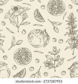 Seamless pattern with cosmetic and parfumery plants: yuzu, rosemary, camellia sasanqua, myrtus. Vector hand drawn illustration.