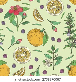 Seamless pattern with cosmetic and parfumery plants: yuzu, rosemary, camellia sasanqua, myrtus. Vector hand drawn illustration.