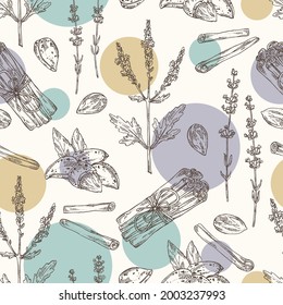 Patrón sin foco con plantas cosméticas, perfumistas y médicas: flores de lavanda, nueces de almendra, canela y rama floral de verbena. Ilustración dibujada a mano por el vector