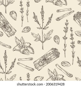 Seamless pattern with cosmetic, perfumery and medical plants: lavender flowers, almond nuts, cinnamon and verbena flowering branch . Vector hand drawn illustration