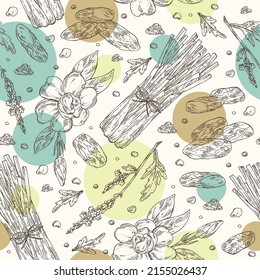 Seamless pattern with cosmetic, perfumery and medical plants: verbena, gardenia flowers, lemongrass and  tonka beans. Vector hand drawn illustration