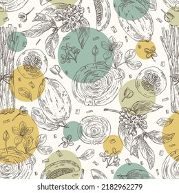 Seamless pattern with cosmetic perfumery and medical plants: guaiac tree, backaut tree, citron frut, lemongrass, osmanthus flowers. Vector hand drawn illustration