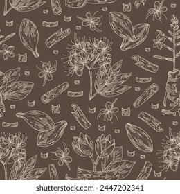 Seamless pattern with cosmetic, perfumery and medical plants: saraca asoca, terminalia chebula, chitrak, soymida febrifuga. Vector hand drawn illustration