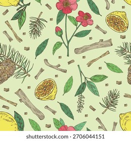 Patrón sin fisuras con plantas cosméticas y de perfumería: camelia sasanqua, amyris, pino, limón. Vector dibujado a mano ilustración.