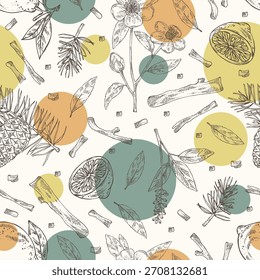 Patrón sin fisuras con plantas cosméticas y de perfumería: camelia sasanqua, amyris, pino, limón. Vector dibujado a mano ilustración.