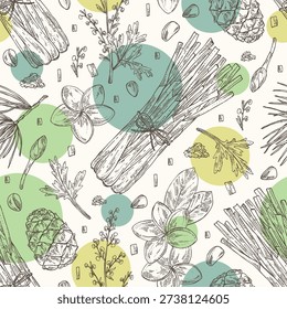 Seamless pattern with cosmetic and perfumery plants: plumeria, wormwood, lemongrass, cedar. Vector hand drawn illustration.