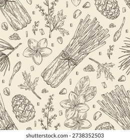 Seamless pattern with cosmetic and perfumery plants: plumeria, wormwood, lemongrass, cedar. Vector hand drawn illustration.