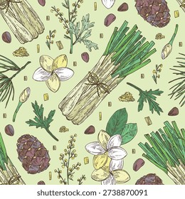 Seamless pattern with cosmetic and perfumery plants: plumeria, wormwood, lemongrass, cedar. Vector hand drawn illustration.