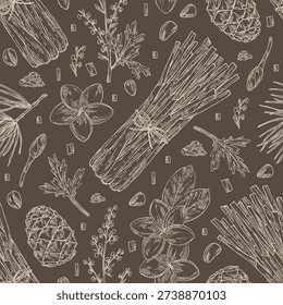 Seamless pattern with cosmetic and perfumery plants: plumeria, wormwood, lemongrass, cedar. Vector hand drawn illustration.