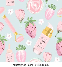 Seamless pattern with cosmetic products, strawberries, and roses. Beauty background for fabric, wrapping, textile, wallpaper, apparel. Vector illustration.