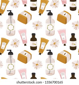 Seamless pattern with cosmetic, soap, cream, camomile. Set sign beauty for cute girls. Fashion style. Vector illustration.