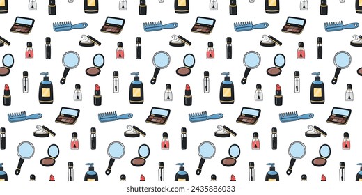 Seamless pattern with cosmetic supplies doodle vector