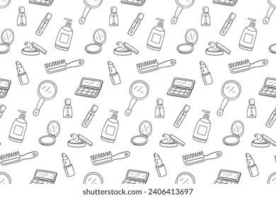 Patrón sin fisuras con suministros cosméticos trazados a mano contorno de doodle vector