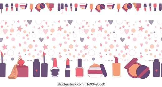 Patrón transparente de herramientas cosméticas como pintalabios, mascara, esmalte de uñas. Buena relación calidad-precio. Ilustración del vector
