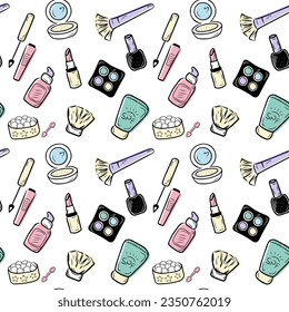 Seamless pattern with cosmetics and accessories. Hand drawn make up, cosmetic doodles, vector background
