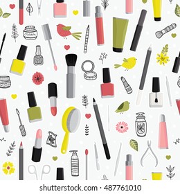 Seamless pattern with cosmetics. All elements hidden under mask. Elements not cropped and can be edited. 