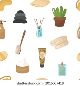 Seamless pattern cosmetics with aloe for skin care. Cream, brush, candle, towel, massage stones. Vector illustration. Clipart for spa treatments for face and body. For printing on paper or fabric