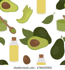 Seamless pattern of cosmetics from avocado vector. Oil Bottle Cream Fruit Vegetable Leaves