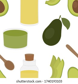 Seamless pattern of cosmetics from avocado vector. Oil Bottle Cream Fruit Vegetable Leaves