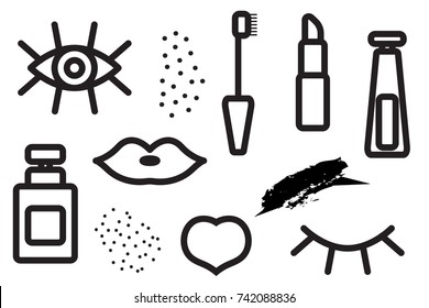Seamless pattern of cosmetics. Background makeup. Eyelashes, lips, mascara. Stock vector