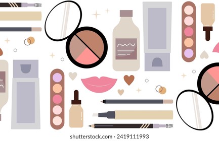 Seamless pattern with cosmetics, beauty accessories, hearts and smiles vector