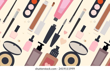 Seamless pattern with cosmetics, beauty accessories, hearts and smiles vector