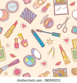 Seamless pattern with cosmetics, beauty accessories, hearts and smiles. Vector illustration