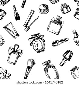 Seamless pattern with cosmetics. Beauty and cosmetics background. Template Vector.