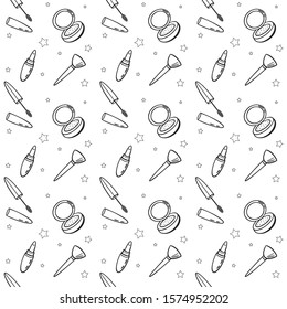 Seamless pattern of cosmetics and beauty makeup  set elements . Background. Doodle style. With eye shadow, lipstick, brush, powder,. Vector version. Black line on white background.