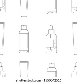 Seamless pattern with cosmetics. Black and white thin line icons. Cream, foundation, serum, tonic, lotion icon. Vector illustration for web and mobile, eps10.