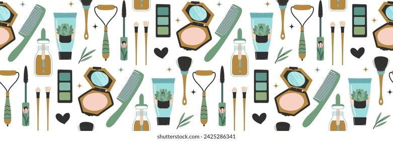 Seamless pattern with cosmetics and body care products. Hand drawn Beauty and makeup icons set. Face cream, serum, eye shadow, mascara, powder, brushes. Vector illustration for packaging, shops, web.