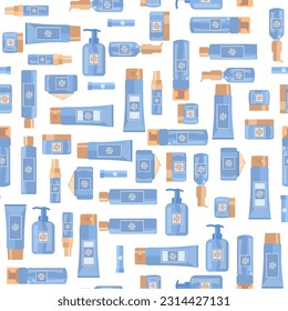 Seamless pattern of cosmetics, body and face care products for women men. Lotions in tubes, jars, glass bottles, deodorants, lipstick, shampoo, soap dispenser, serum. Flat vector illustration